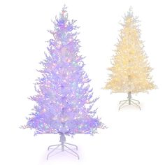 three different types of artificial christmas trees on stand with white and yellow lights in them