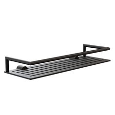 a black shelf with two hooks on it