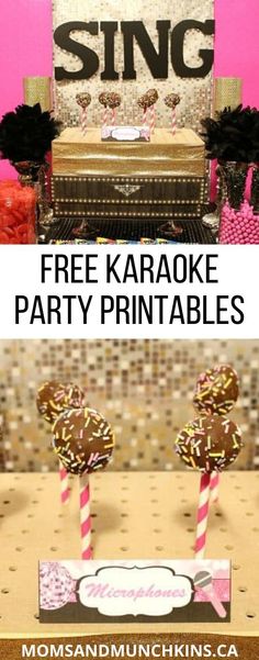 karaoke party printables are on display in front of a cake and candy box