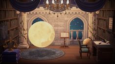 a room filled with lots of furniture and a giant moon in the middle of it