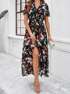 Women's Floral Dress V-Neck Short Sleeve Summer Holiday Dress Black Surplice Neckline Summer Dress, Black Surplice Neckline Dress For Summer, Casual Floral Dress With Surplice Neckline For Summer, Casual Summer Floral Dress With Surplice Neckline, Non-stretch Floral Print V-neck Midi Dress, Casual Floral Print V-neck Party Dress, Casual Floral Print V-neck Dress For Party, Black Floral Print V-neck Summer Dress, Black V-neck Floral Dress For Spring