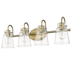 three light bathroom fixture with clear glass shades on the bottom and gold metal arm,