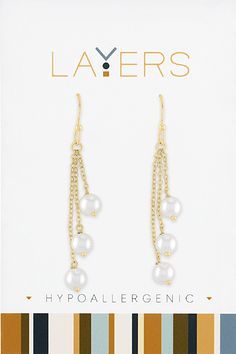 Crafted with a sophisticated gold plating, these earrings feature three lustrous pearls that cascade gracefully, adding a touch of timeless glamour to any outfit. The hypoallergenic design ensures comfort for all skin types, while being free from lead and nickel, making them a perfect choice for those with sensitive ears. Whether you're dressing up for a special occasion or adding a touch of luxury to your everyday look, these earrings are your go-to accessory for refined style. Details: Materia Rain Jewelry, Dune Jewelry, Fishhook Earrings, Earring Gold, Fish Hook Earrings, Hypoallergenic Earrings, Boutique Accessories, Purse Jewelry, Womens Glasses