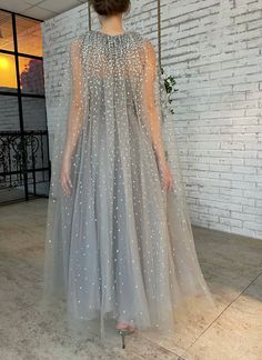 Sweetheart Evening Dress, Teuta Matoshi, Capelet Dress, Grey Wedding Dress, Grey Gown, Silver Gown, Draped Bodice, Dress With Shawl, Women Dresses Classy