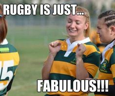 two girls in green and yellow jerseys standing next to each other with the caption rugby is just fabulous