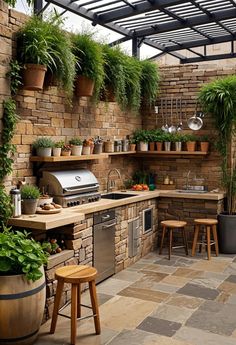 an outdoor kitchen with potted plants on the wall