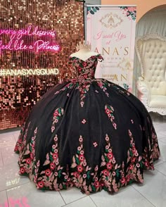 Black Quinceanera Dresses With Flowers, Black Charo Quince Dress, Black Quince Dresses Mexican, Quincenera Dresses Mexican, Black Xv Dresses, Black Quinceanera Dresses Mexican, Charo Quinceanera Dresses, Quince Dress Pink, Black 15 Dresses Quinceanera