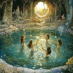 four women in a pool with water flowing from the ceiling and holding torches above their heads