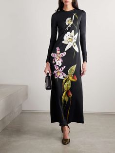 OSCAR DE LA RENTA Floral-print stretch-jersey maxi dress | NET-A-PORTER Orchid Print, Long Sleeve Jersey Dress, Oscar Dresses, Maxi Jersey Dress, Flower Print Dress, Maxi Dress Navy, Long Sleeve Jersey, Long Sleeve Maxi, Maxi Dress Blue