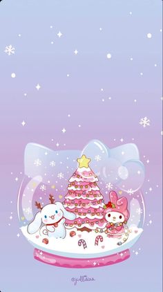 hello kitty christmas tree in a snow globe with an animal on the bottom and stars above it