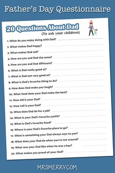 father's day question sheet with the words 20 questions about dad