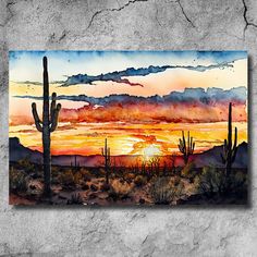 a painting of a sunset in the desert with cacti and cactus trees on it