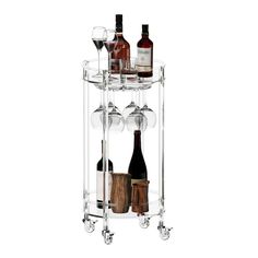 a wine glass holder with bottles and glasses on it's wheels, holding two wine glasses