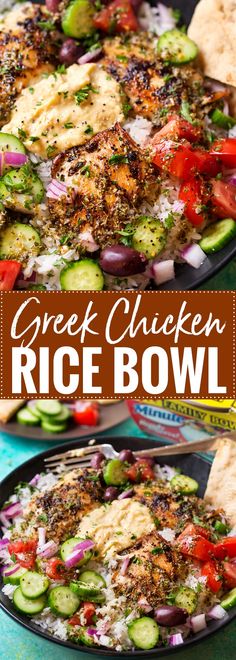 greek chicken rice bowl with vegetables and pita bread