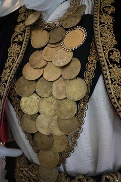 an elaborately decorated costume with gold coins on it's chest and neckline