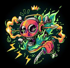 a colorful skull with flames on it's head and an arrow in the middle