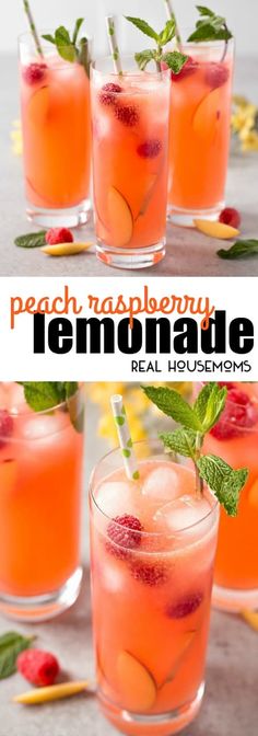 peach raspberry lemonade in glasses with mint garnish on the rim