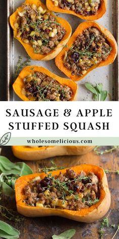 sausage and apple stuffed squash with herbs on top