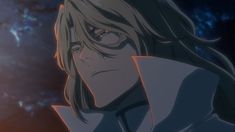 an anime character with long hair and eyes looking at something in the distance behind him