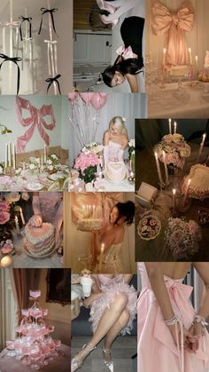 a collage of photos with pink and white wedding cakes, candles, cake toppers, and decorations