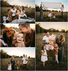 a collage of family photos with their children in the field at sunset or sunrise