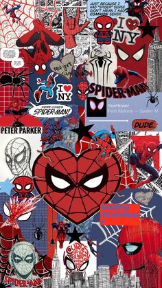 spiderman collage with various stickers all over the entire image, including one face and