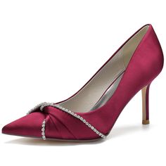 Shop Maroon Satin Wedding Shoes Pointed Toe Stiletto Heel Pumps with Bow color Maroon for Anniversary, Big Day, Dancing Club, Date, Party, Wedding with worldwide Free shipping & Free return. Glamorous Satin Wedding Heels, Closed Toe Heels For Wedding Evening, Pointed Toe Wedding Shoes For Evening, Elegant Satin Heels For Wedding Guests, Evening Wedding Heels With Pointed Toe, Red Fitted Wedding Shoes, Glamorous Fitted Court Shoes For Wedding, Fitted Red Wedding Shoes, Bridal Party Shoes