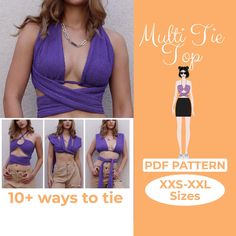 a woman wearing a purple top and tan skirt with six different pictures of her waist