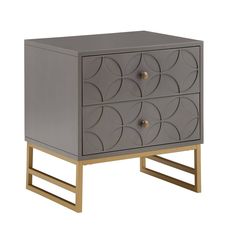 a grey and gold nightstand with two drawers on one side, and an open drawer on the other