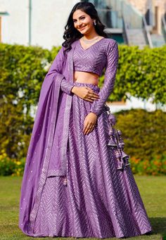 Buy Embroidered Georgette Lehenga in Pink Online in India - Etsy Lehanga Full Sleeve, Lehanga Designs Georgette, Lehenga With Full Blouse, Lehanga Designs Full Sleeves, Full Sleeves Choli Designs, Lehenga Designs Full Sleeves, Full Sleeve Blouse Designs For Lehenga, Purple Lehnga Design, Purple Lehenga Outfit