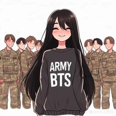 an army girl with long black hair standing in front of soldiers