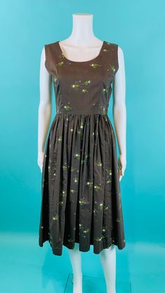 Vintage 1950s Novelty Dress Firefly Lightening Bug Print | Etsy Brown Cotton Dress, Bug Dress, Lightning Bug, Bug Print, Cotton Sundress, Lace Caps, Vintage Clothing Online, Floral Print Maxi, Rose Dress