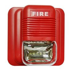 a red emergency light with the word fire on it's front end and side panel