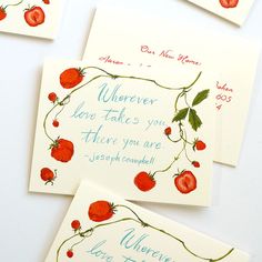 three cards with red flowers and green leaves on them, one has a poem written in blue ink