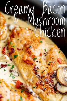 creamy bacon and mushroom chicken in a skillet