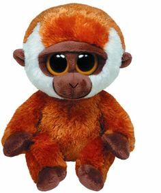 a stuffed animal monkey with big eyes and brown fur on it's head, sitting in front of a white background