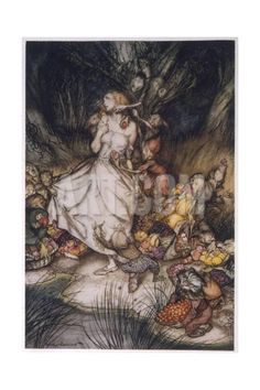 an illustration of a woman surrounded by other people in the woods, with trees and rocks behind her