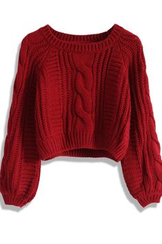 Wine Sweater, Red Cable Knit Sweater, Cropped Cable Knit Sweater, Shirts Crop Tops, شال كروشيه, Chunky Cable Knit Sweater, Shirts Crop, Red Jumper, Puff Sleeve Shirt