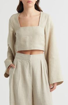 Faithfull the Brand Long Sleeve Linen Crop Top | Nordstrom Linen Crop Top, Linen Crops, Stripe Long Sleeve, Striped Shirt Dress, Faithfull The Brand, Crop Top Outfits, Shirt Dress Style, Free Fabric, Linen Top