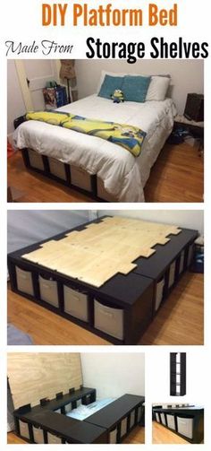 the bed frame is made from storage shelves