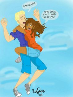 an image of a man holding a woman in the air with speech bubbles above him