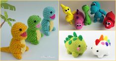 crocheted stuffed animals in different colors and sizes