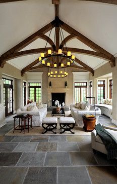 a living room filled with furniture and a fire place in the middle of a room