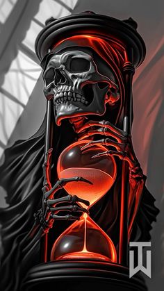 a skeleton holding an hourglass with red light in it's hand and wearing a black cloak