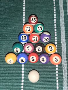 a pool table with balls and numbers arranged in the shape of a christmas tree