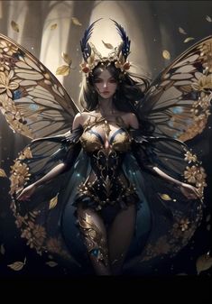 a woman dressed as a fairy with wings and gold leaves on her body, standing in front of a dark background