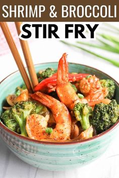 shrimp and broccoli stir fry in a bowl with chopsticks on top