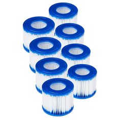 six blue and white pleated filters are stacked up in a pyramid formation on a white background