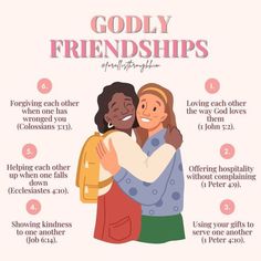 an illustrated poster with the words godly friends and two women hugging each other in different languages