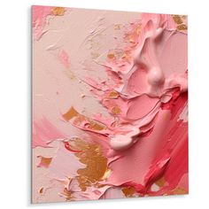 an abstract painting with pink, gold and white paint on it's canvases